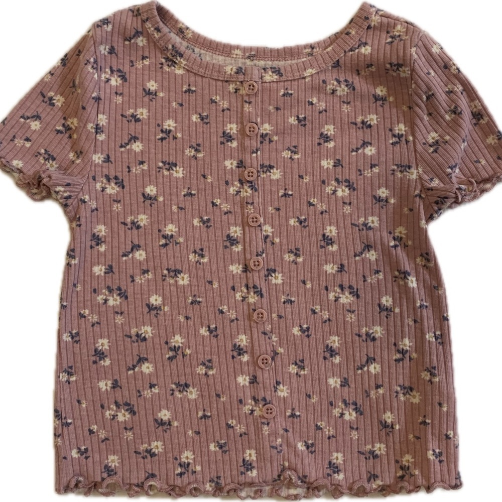 Girls Purple Floral Ribbed Tee Faux Buttons